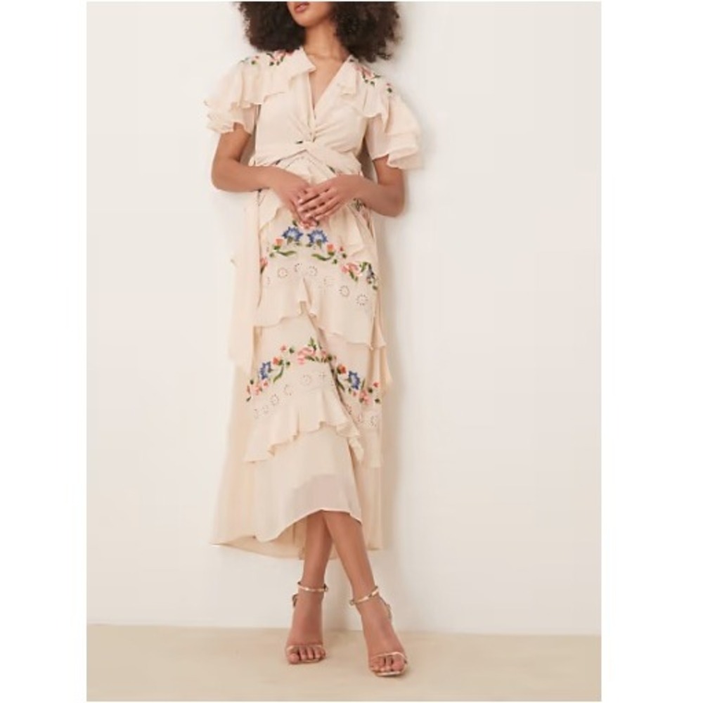 Hope & Ivy Women's Cream‎ Embroidered V-Neck Tiered Skirt Midi Dress Size 10 NWT